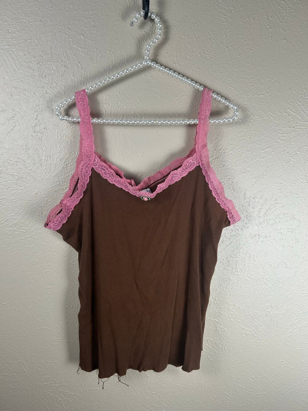 Y2K Lace Tank Top Size XL Brown Pink Babydoll Preppy Coquette Girlie Shirt